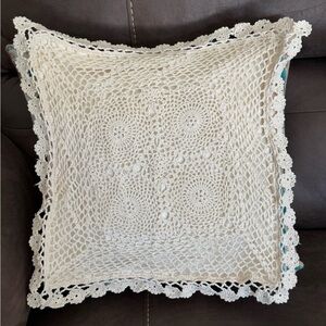 Vintage Crocheted Cream Color Pillow Cover 15.5-16” square plus 1.5 inch border